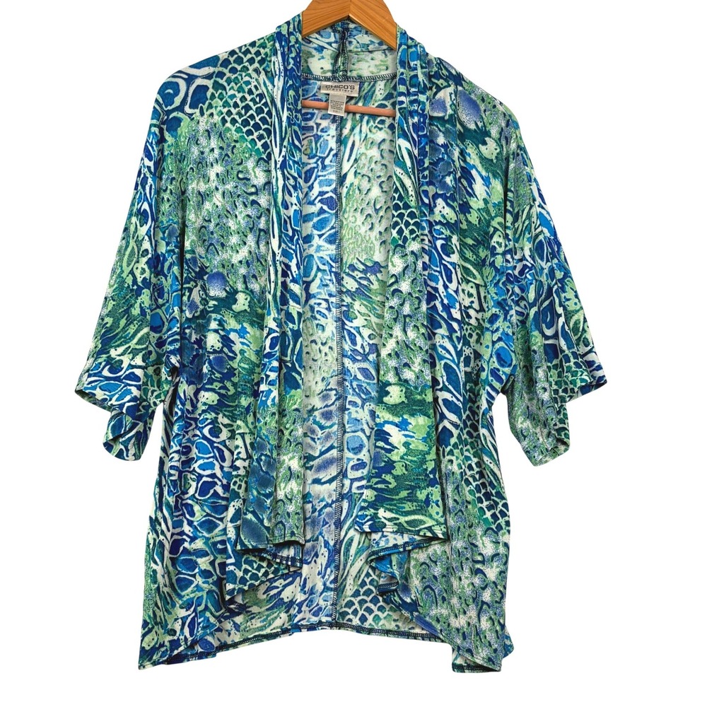 Chico's Travelers‎ Short Sleeve Open Front Kimono Cardigan Sz 1 US M Blue Green